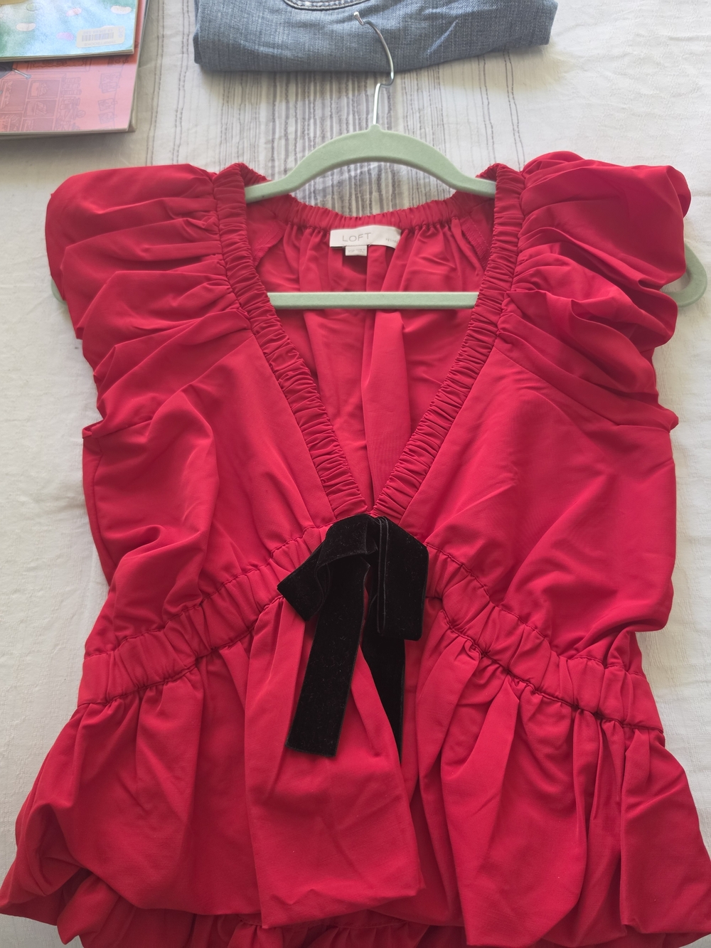 LOFT Bright Red Ruffle Top with Black Velvet Bow Like New Size XSP